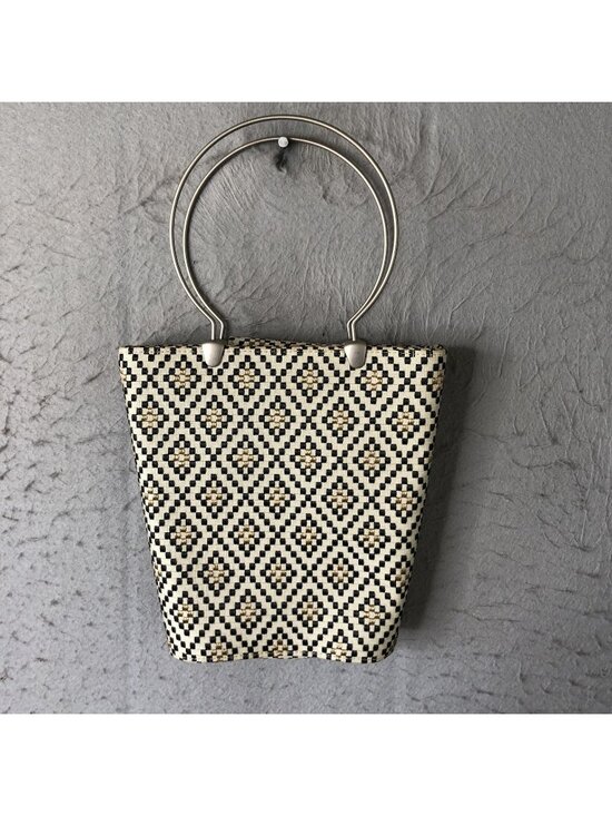Elaine Turner Designs Handbags - Elaine Turner Designs Bag Womens Small Beige Woven Geometric Metal Ring Modern